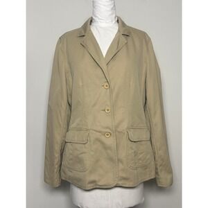 LL Bean Womens Khaki Cotton Twill Plaid Lined Field Blazer Jacket